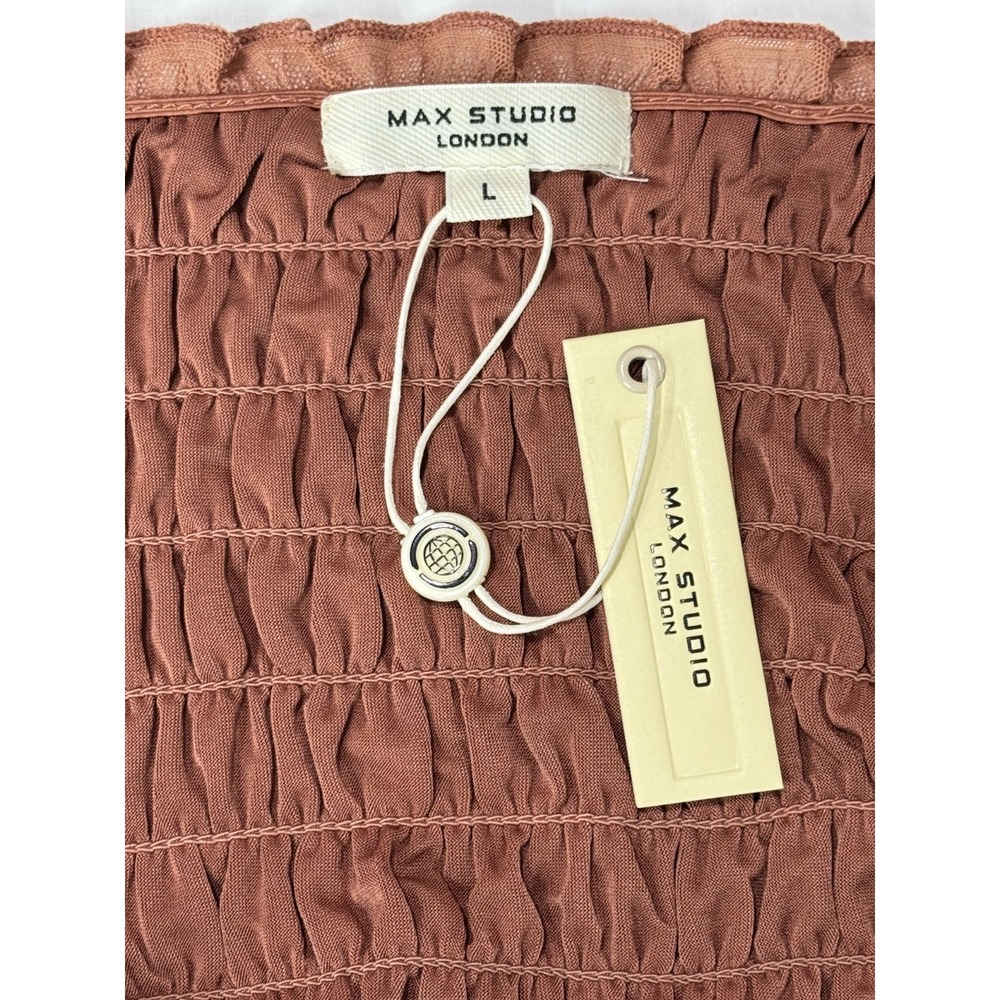 Max Studio London Tiered Midi Dress Ruffle Strap Ruched Bust Brown Women's L NWT - Picture 7 of 12